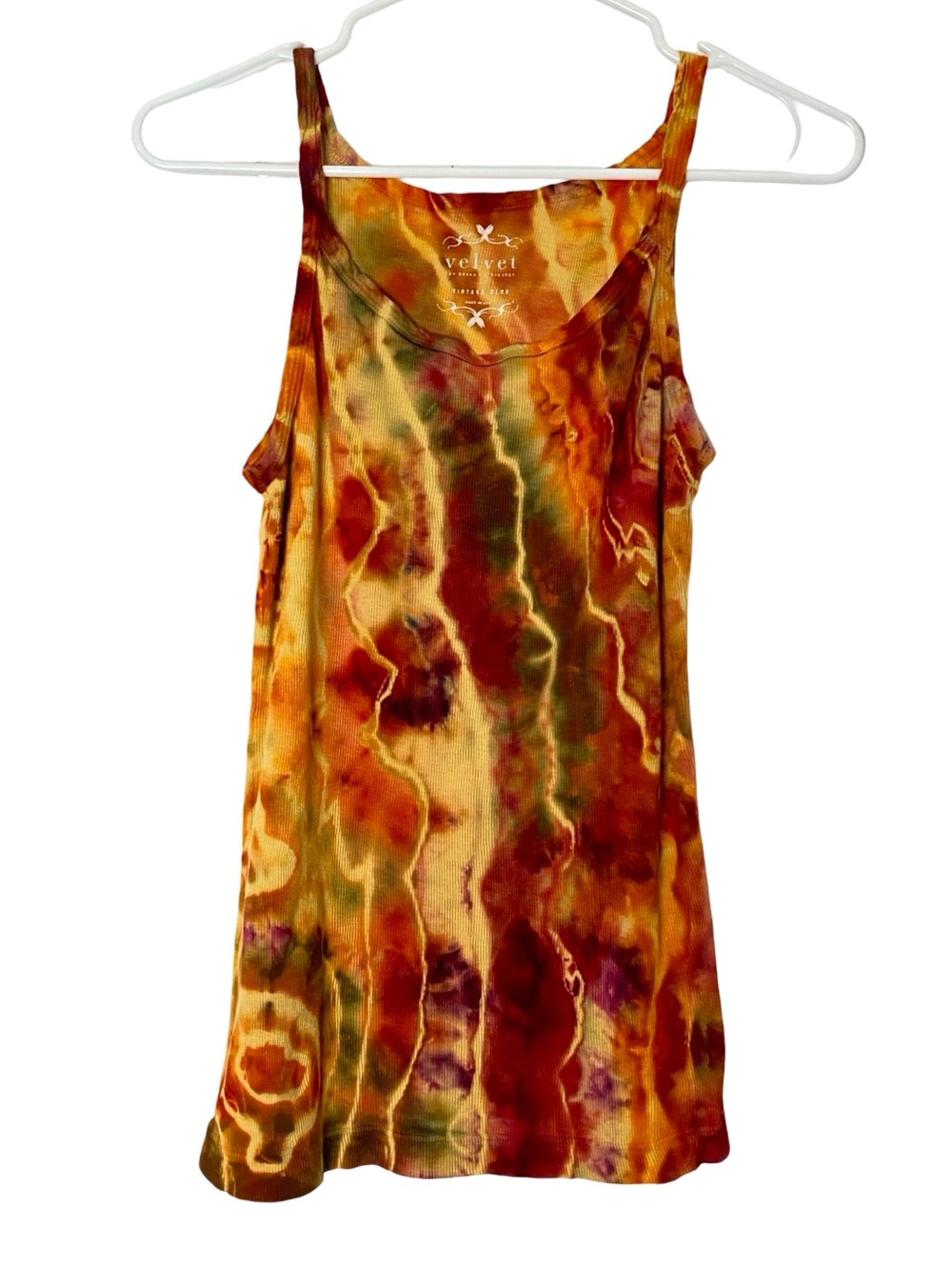 Custom Tie Dye Tank Top Womens Size Large Handmade Upcycled Geode Ice Yellow Red
